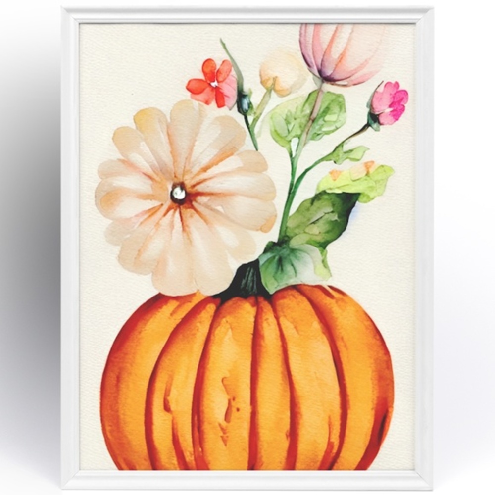 Wall Art Watercolor Floral Pumpkins Print Poster Card Unframed